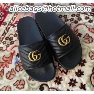 Good Product Gucci GG Marmont Leather Flat Slide Sandals G20308 Black 2020