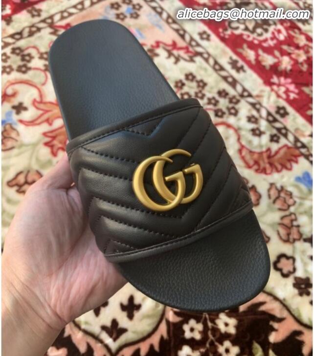 Good Product Gucci GG Marmont Leather Flat Slide Sandals G20308 Black 2020