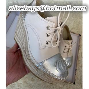 Low Price Gucci GG Leather Lace-up Platform Espadrille White Leather G21144 White/Silver