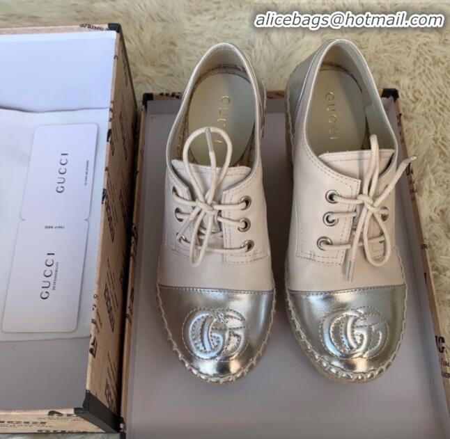 Low Price Gucci GG Leather Lace-up Platform Espadrille White Leather G21144 White/Silver