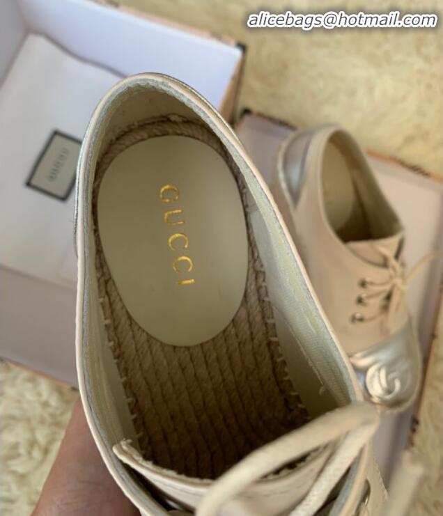 Low Price Gucci GG Leather Lace-up Platform Espadrille White Leather G21144 White/Silver