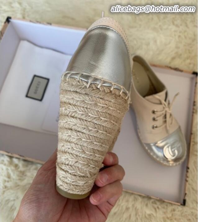 Low Price Gucci GG Leather Lace-up Platform Espadrille White Leather G21144 White/Silver