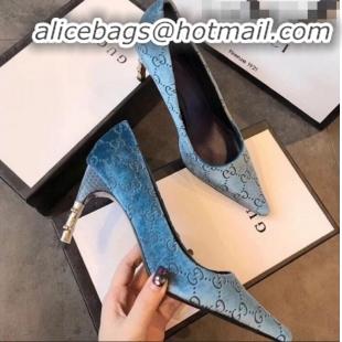 Unique Grade Gucci GG Canvas Bamboo Heel Pumps G21613 Light Blue 2020