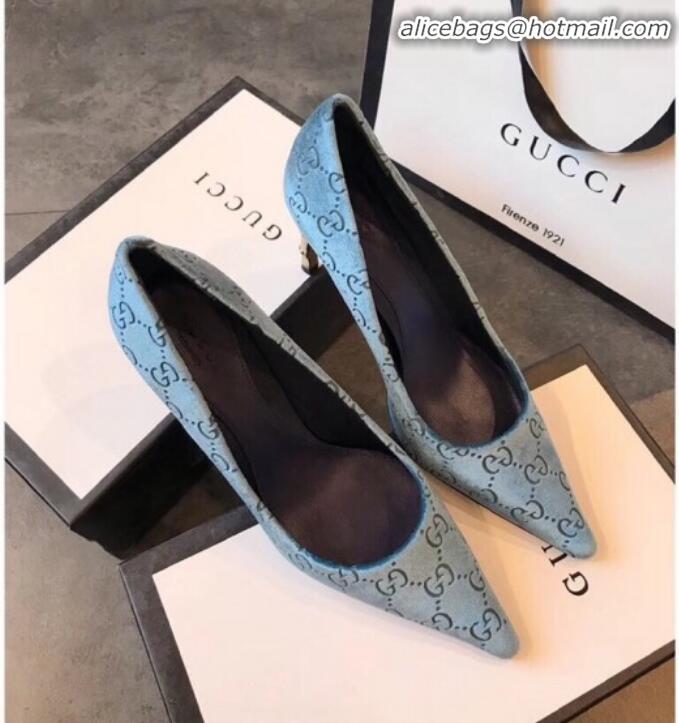 Unique Grade Gucci GG Canvas Bamboo Heel Pumps G21613 Light Blue 2020