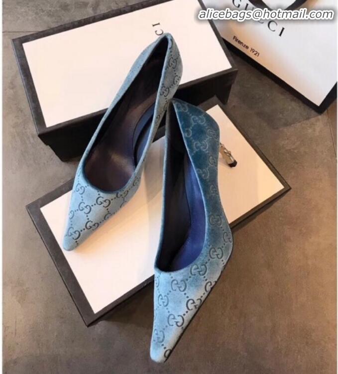 Unique Grade Gucci GG Canvas Bamboo Heel Pumps G21613 Light Blue 2020