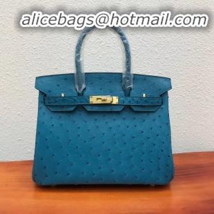 Top Quality Hermes Birkin 30cm Ostrich Veins Leather Bag 6088 Blue Gold