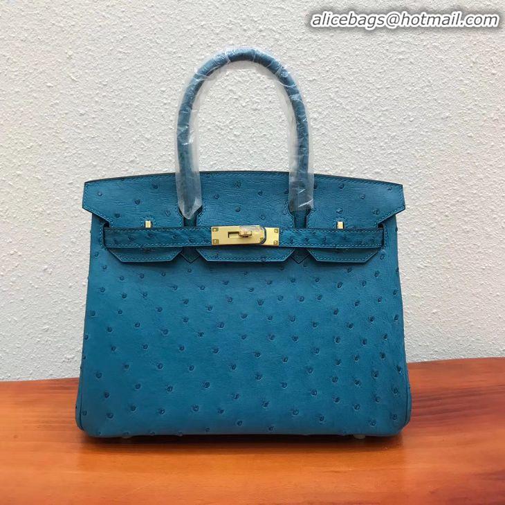 Top Quality Hermes Birkin 30cm Ostrich Veins Leather Bag 6088 Blue Gold