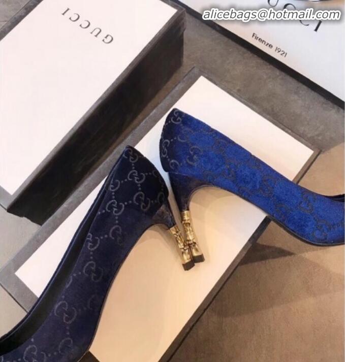 Reasonable Price Gucci GG Velvet Bamboo Heel Pumps G21616 Dark Blue 2020