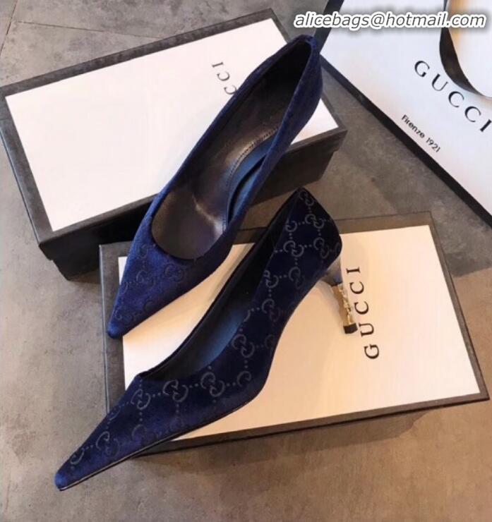 Reasonable Price Gucci GG Velvet Bamboo Heel Pumps G21616 Dark Blue 2020