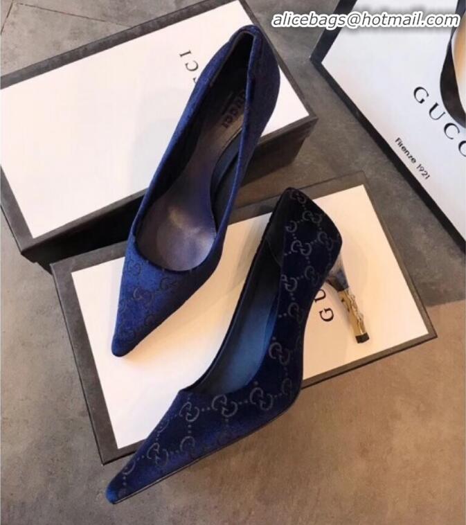 Reasonable Price Gucci GG Velvet Bamboo Heel Pumps G21616 Dark Blue 2020