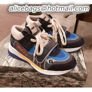 Luxury Gucci Ultrapace Suede and Mesh Mid-top Sneakers G11610 Blue/Grey 2020