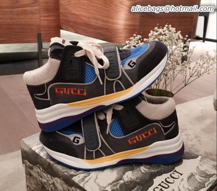 Luxury Gucci Ultrapace Suede and Mesh Mid-top Sneakers G11610 Blue/Grey 2020