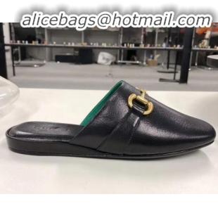 Discount Gucci Lambskin Horsebit Flat Mules Black/Green G21133 2020