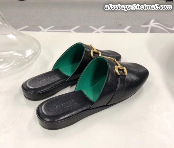 Discount Gucci Lambskin Horsebit Flat Mules Black/Green G21133 2020