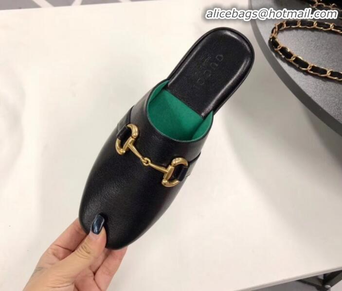 Discount Gucci Lambskin Horsebit Flat Mules Black/Green G21133 2020