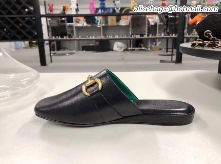 Discount Gucci Lambskin Horsebit Flat Mules Black/Green G21133 2020