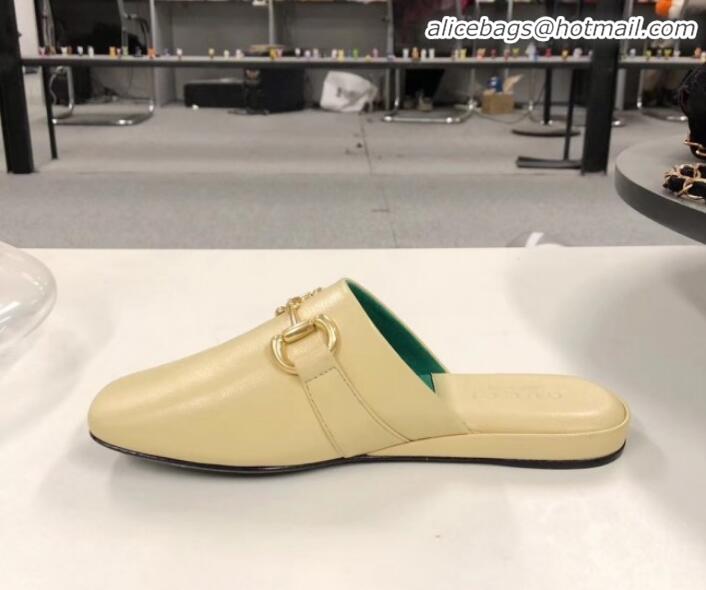 Luxury Gucci Lambskin Horsebit Flat Mules G21133 Light Beige 2020