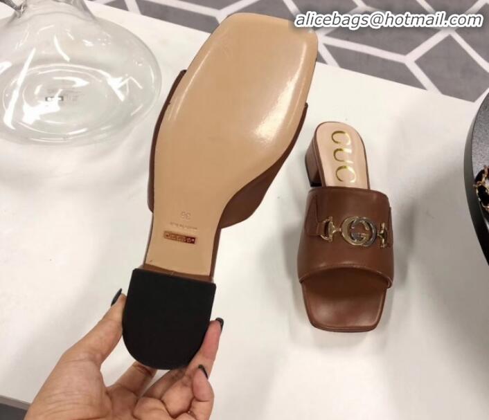 Low Cost Gucci Zumi Leather Slide Sandals 602415 Brown 2020