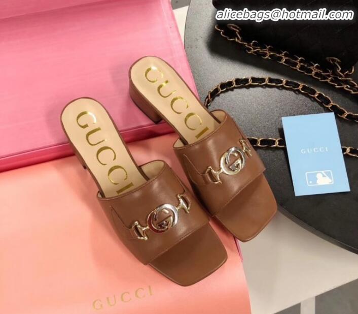 Low Cost Gucci Zumi Leather Slide Sandals 602415 Brown 2020