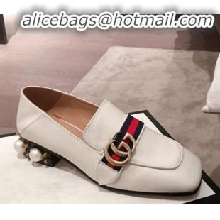 Design Gucci Leather GG Buckle Pearl Low-heel Loafers 423559 White 2020