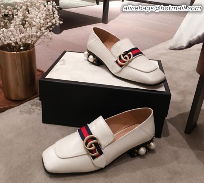 Design Gucci Leather GG Buckle Pearl Low-heel Loafers 423559 White 2020