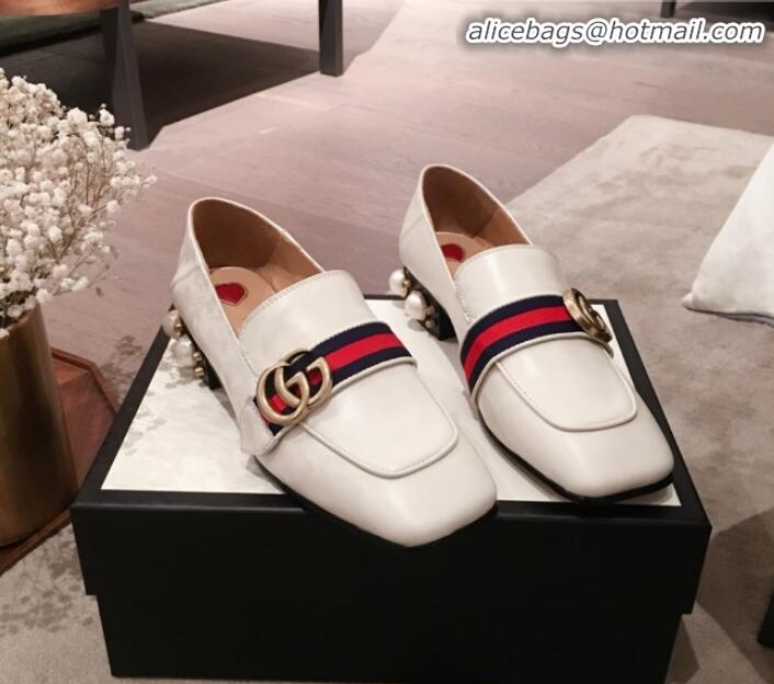 Design Gucci Leather GG Buckle Pearl Low-heel Loafers 423559 White 2020