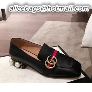 Best Design Gucci Leather GG Buckle Pearl Low-heel Loafers 423559 Black 2020