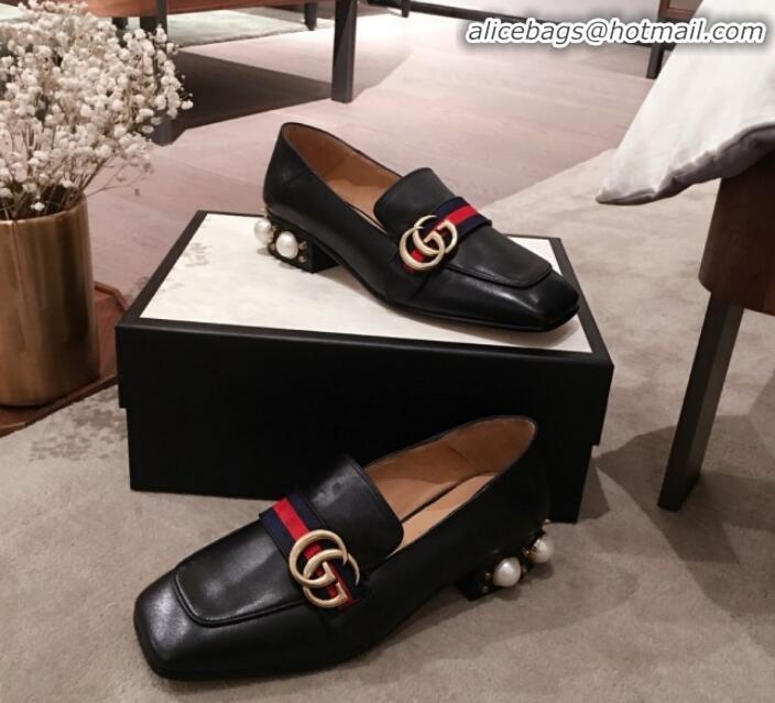 Best Design Gucci Leather GG Buckle Pearl Low-heel Loafers 423559 Black 2020