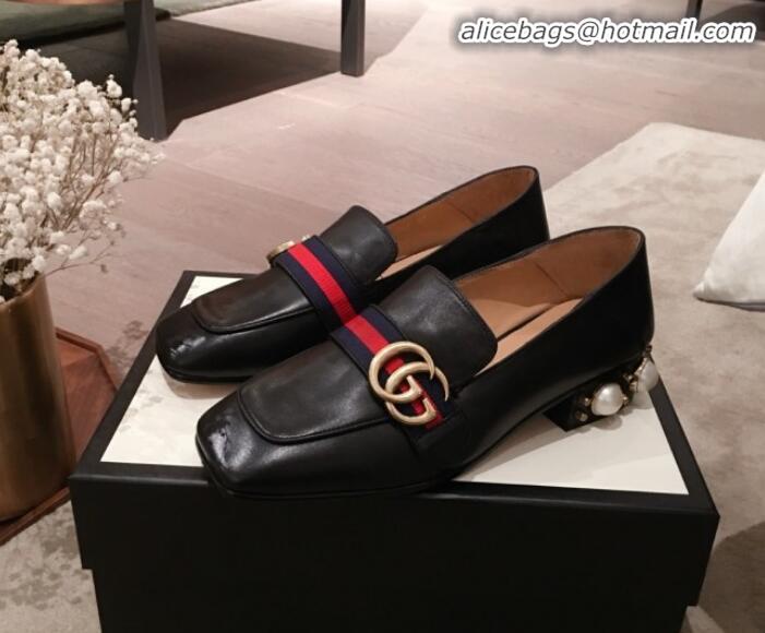 Best Design Gucci Leather GG Buckle Pearl Low-heel Loafers 423559 Black 2020