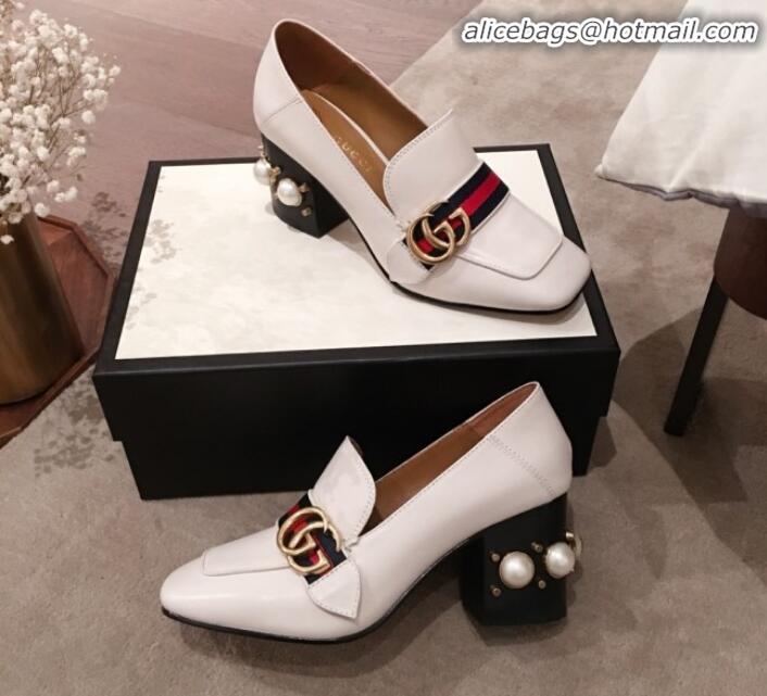 Grade Gucci Leather GG Buckle Pearl Mid-heel Loafers Pumps 423559 White 2020