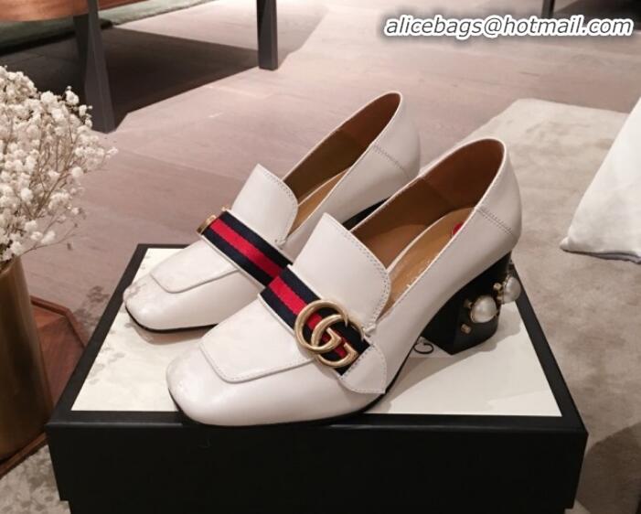 Grade Gucci Leather GG Buckle Pearl Mid-heel Loafers Pumps 423559 White 2020