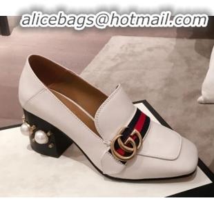 Grade Gucci Leather GG Buckle Pearl Mid-heel Loafers Pumps 423559 White 2020