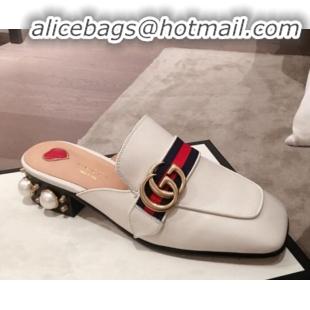 Sophisticated Gucci Leather GG Buckle Pearl Slippers Mules 423694 White 2020