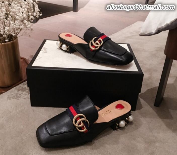 Classic Gucci Leather GG Buckle Pearl Slippers Mules 423694 Black 2020