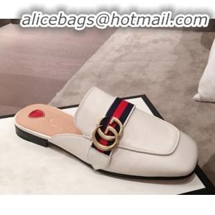 Luxury Gucci Leather GG Buckle Flat Slippers Mules 423694 White 2020