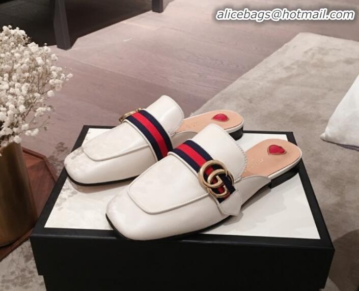 Luxury Gucci Leather GG Buckle Flat Slippers Mules 423694 White 2020