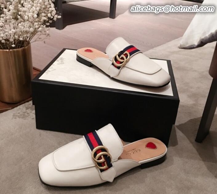 Luxury Gucci Leather GG Buckle Flat Slippers Mules 423694 White 2020