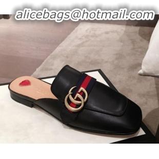 Luxury Gucci Leather GG Buckle Flat Slippers Mules 423694 Black 2020