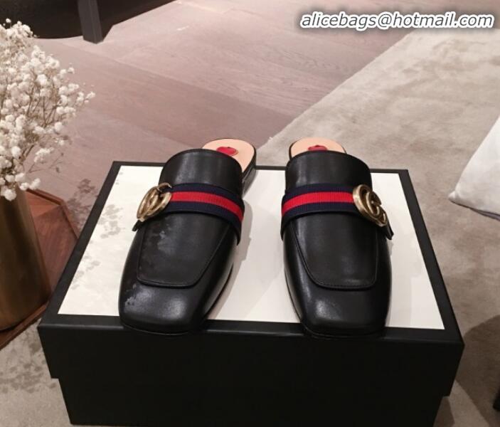 Luxury Gucci Leather GG Buckle Flat Slippers Mules 423694 Black 2020