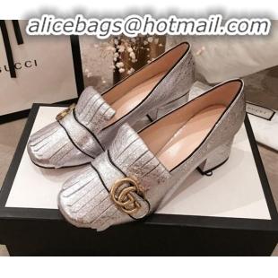 Luxury Gucci Leather GG Fringe Pumps 408208 Silver 2020