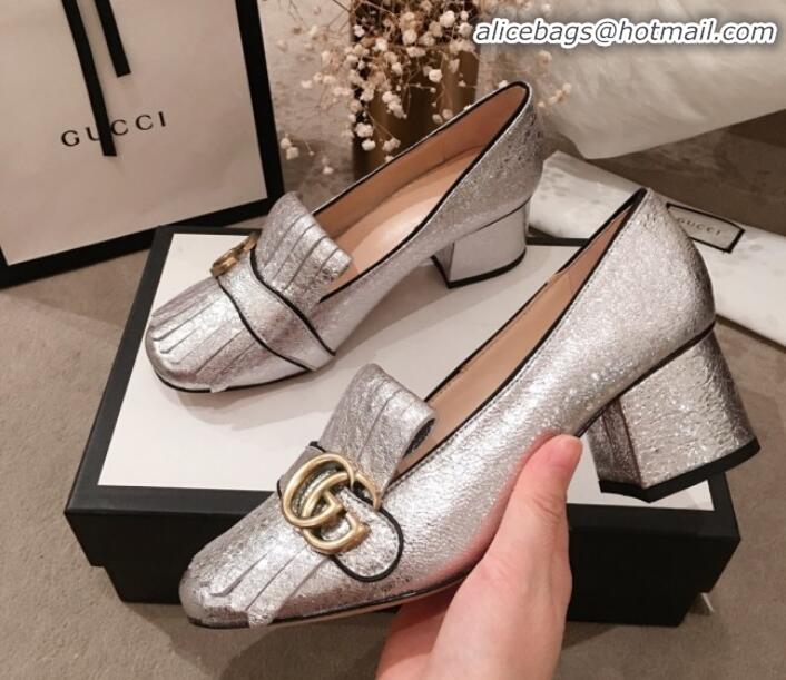 Luxury Gucci Leather GG Fringe Pumps 408208 Silver 2020