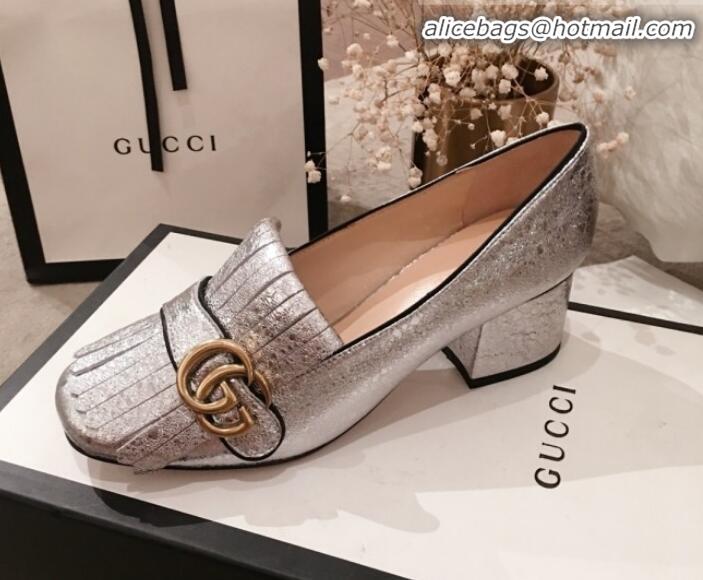 Luxury Gucci Leather GG Fringe Pumps 408208 Silver 2020