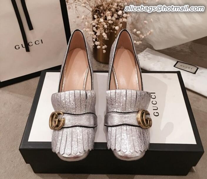 Luxury Gucci Leather GG Fringe Pumps 408208 Silver 2020