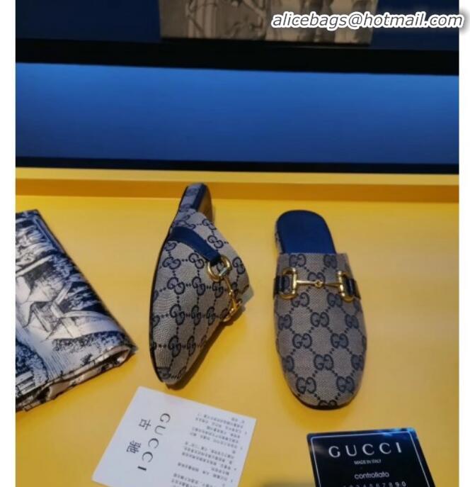 Fashion Gucci Horsebit GG Canvas Flat Mules Slippers G22807 Grey/Blue 2020