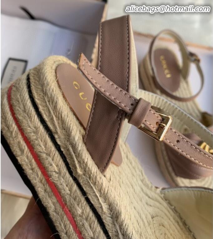 Best Grade Gucci Chevron Leather Platform Espadrille Sandals with Double G30308 Pink 2020