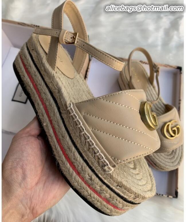 Pretty Style Gucci Chevron Leather Platform Espadrille Sandals with Double G30308 Nude 2020