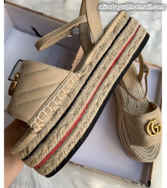 Pretty Style Gucci Chevron Leather Platform Espadrille Sandals with Double G30308 Nude 2020