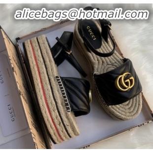 Luxurious Gucci Chevron Leather Platform Espadrille Sandals with Double G30308 Black 2020