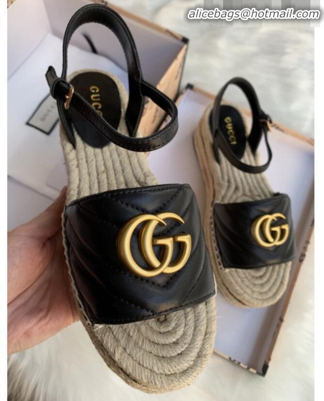 Luxurious Gucci Chevron Leather Platform Espadrille Sandals with Double G30308 Black 2020