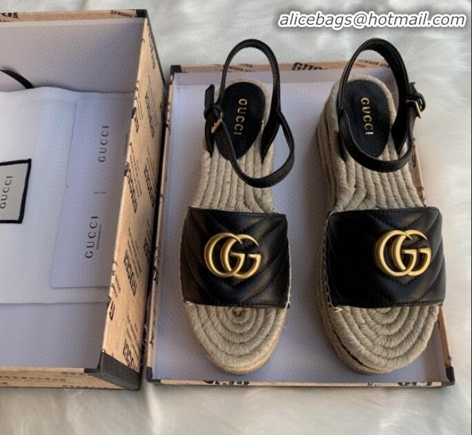 Luxurious Gucci Chevron Leather Platform Espadrille Sandals with Double G30308 Black 2020